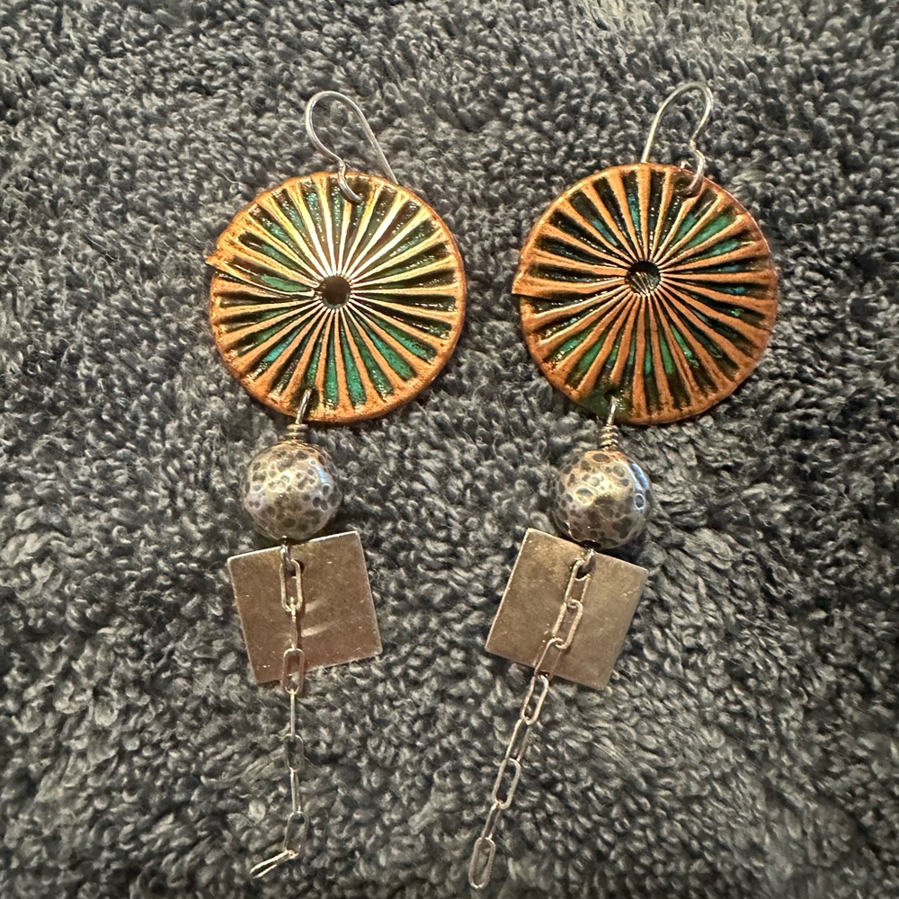 Artisan Green and Gold Dangle Earrings